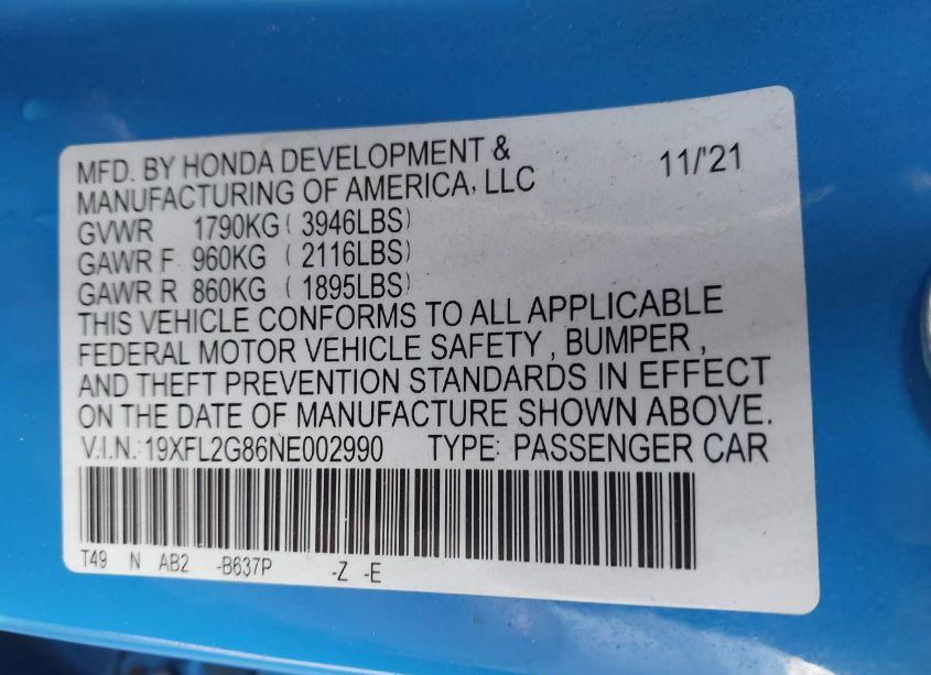 Photo 9 of 2022 Honda Civic SPORT (VIN 19XFL2G86NE002990)