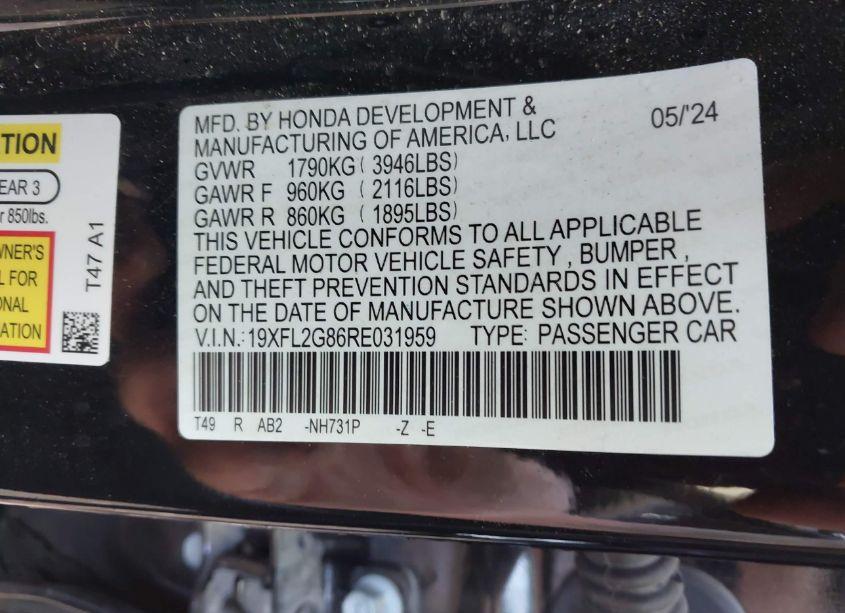 Photo 9 of 2024 Honda Civic SPORT (VIN 19XFL2G86RE031959)