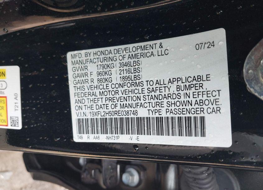 Photo 9 of 2024 Honda Civic LX (VIN 19XFL2H50RE038748)