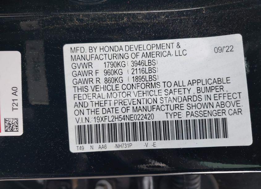 Photo 9 of 2022 Honda Civic LX (VIN 19XFL2H54NE022420)