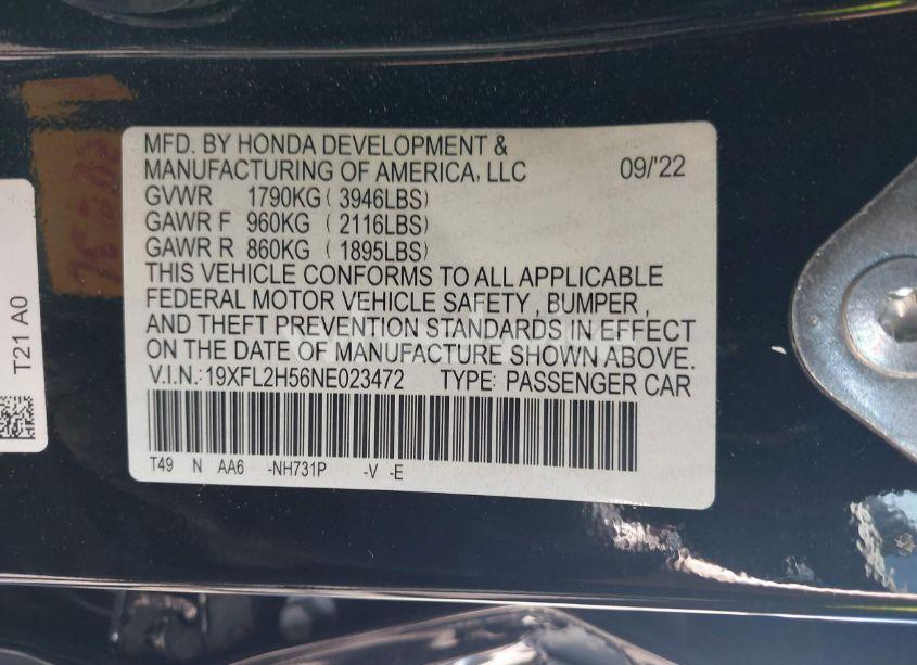Photo 9 of 2022 Honda Civic LX (VIN 19XFL2H56NE023472)