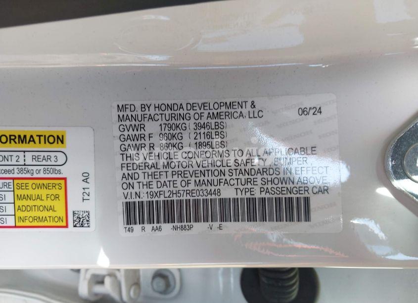 Photo 9 of 2024 Honda Civic LX (VIN 19XFL2H57RE033448)