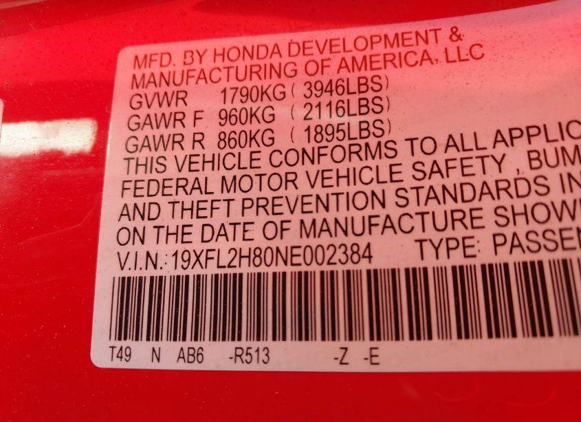 Photo 9 of 2022 Honda Civic SPORT (VIN 19XFL2H80NE002384)