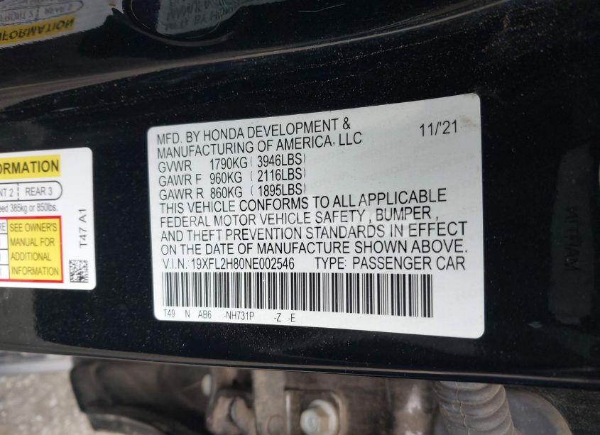 Photo 9 of 2022 Honda Civic SPORT (VIN 19XFL2H80NE002546)