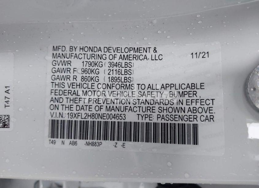 Photo 9 of 2022 Honda Civic SPORT (VIN 19XFL2H80NE004653)