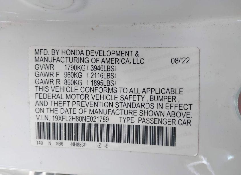 Photo 9 of 2022 Honda Civic SPORT (VIN 19XFL2H80NE021789)