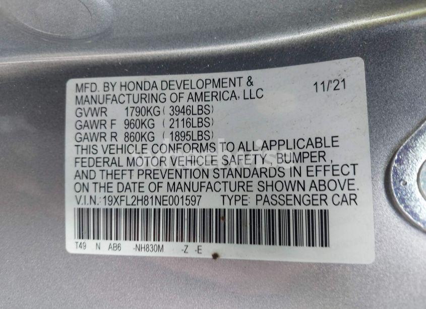 Photo 9 of 2022 Honda Civic SPORT (VIN 19XFL2H81NE001597)