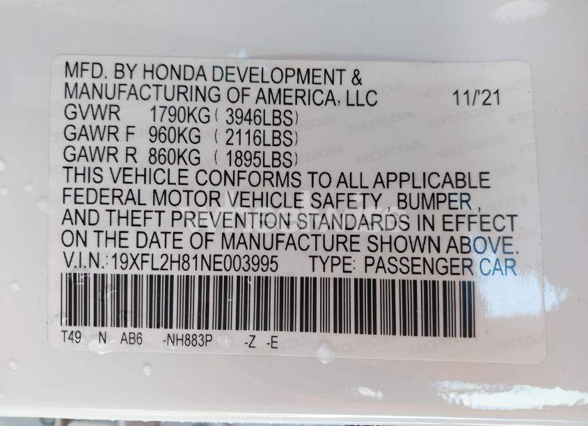 Photo 9 of 2022 Honda Civic SPORT (VIN 19XFL2H81NE003995)