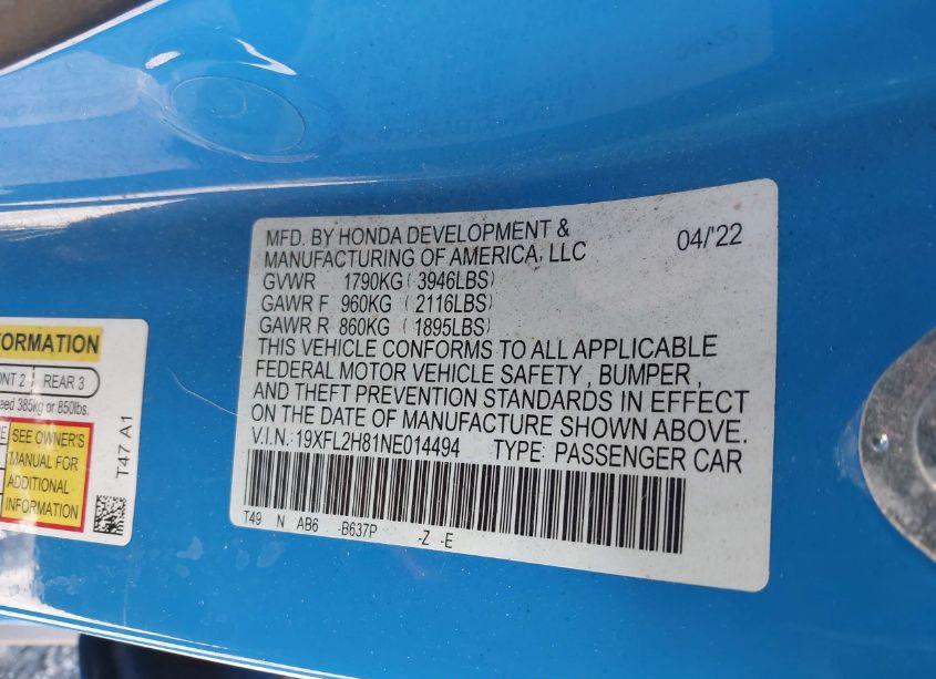 Photo 9 of 2022 Honda Civic SPORT (VIN 19XFL2H81NE014494)