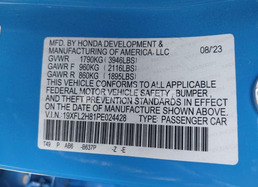 Photo 9 of 2023 Honda Civic SPORT (VIN 19XFL2H81PE024428)