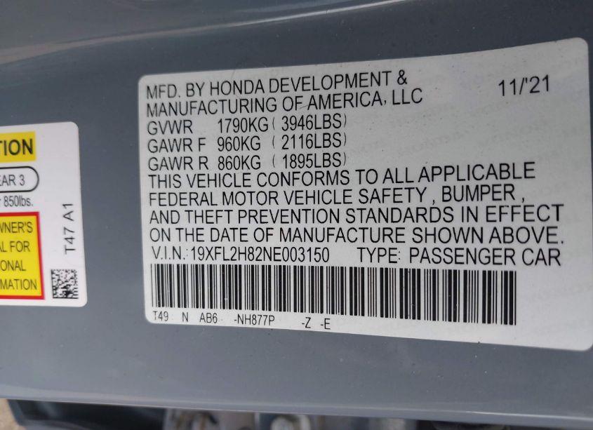 Photo 9 of 2022 Honda Civic SPORT (VIN 19XFL2H82NE003150)