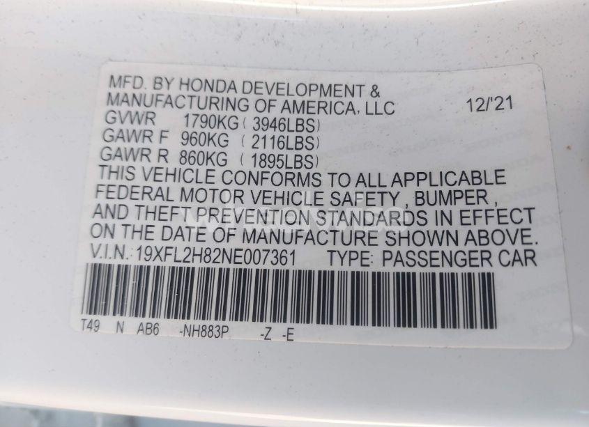 Photo 9 of 2022 Honda Civic SPORT (VIN 19XFL2H82NE007361)