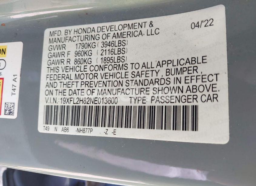 Photo 9 of 2022 Honda Civic SPORT (VIN 19XFL2H82NE013600)