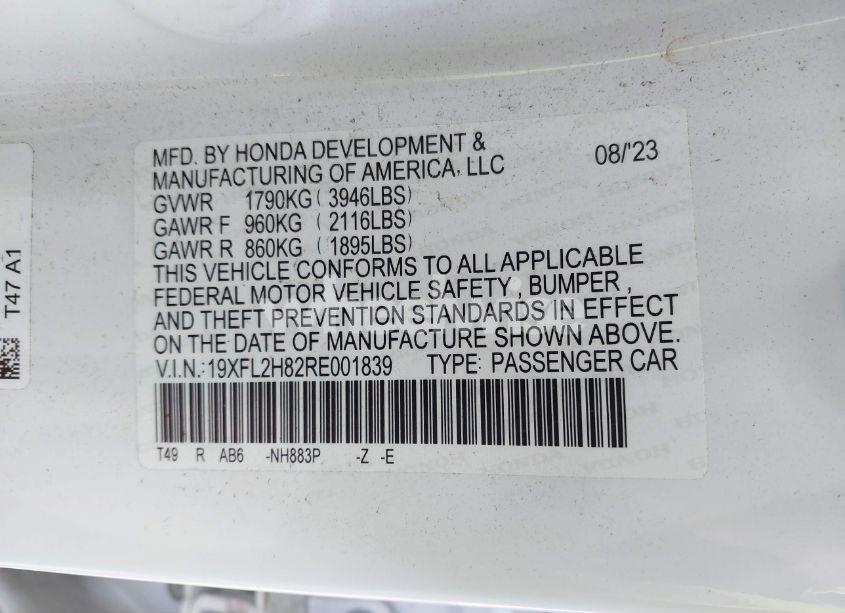 Photo 9 of 2024 Honda Civic SPORT (VIN 19XFL2H82RE001839)