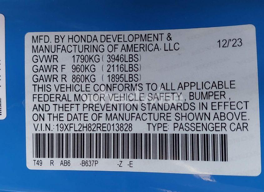 Photo 9 of 2024 Honda Civic SPORT (VIN 19XFL2H82RE013828)