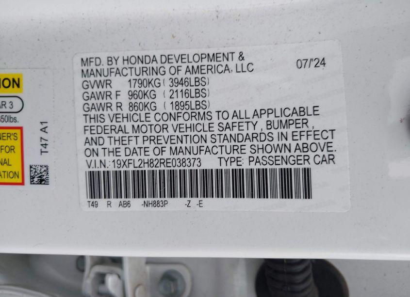 Photo 9 of 2024 Honda Civic SPORT (VIN 19XFL2H82RE038373)