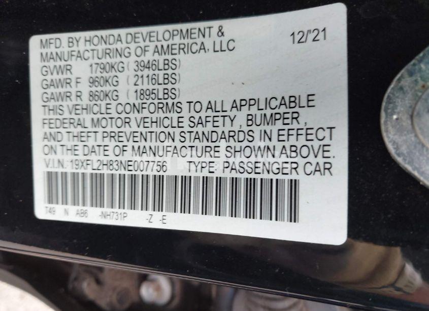 Photo 9 of 2022 Honda Civic SPORT (VIN 19XFL2H83NE007756)