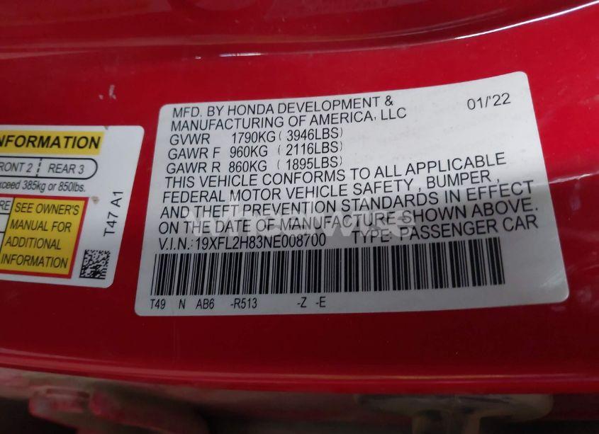 Photo 9 of 2022 Honda Civic SPORT (VIN 19XFL2H83NE008700)