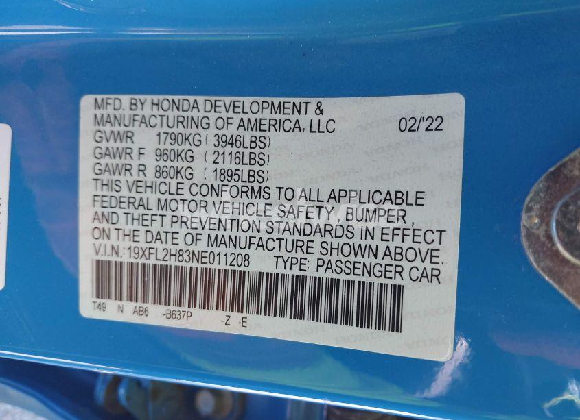 Photo 9 of 2022 Honda Civic SPORT (VIN 19XFL2H83NE011208)