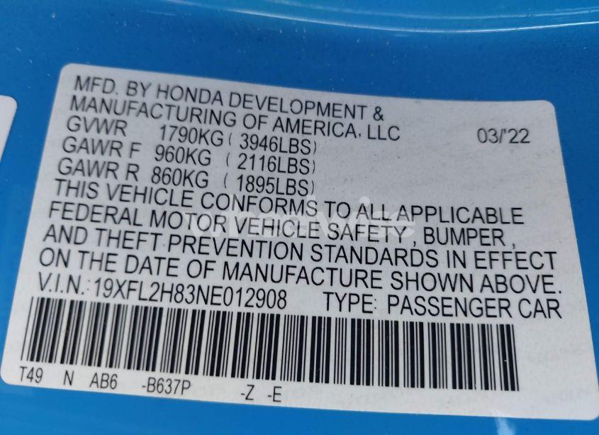 Photo 9 of 2022 Honda Civic SPORT (VIN 19XFL2H83NE012908)