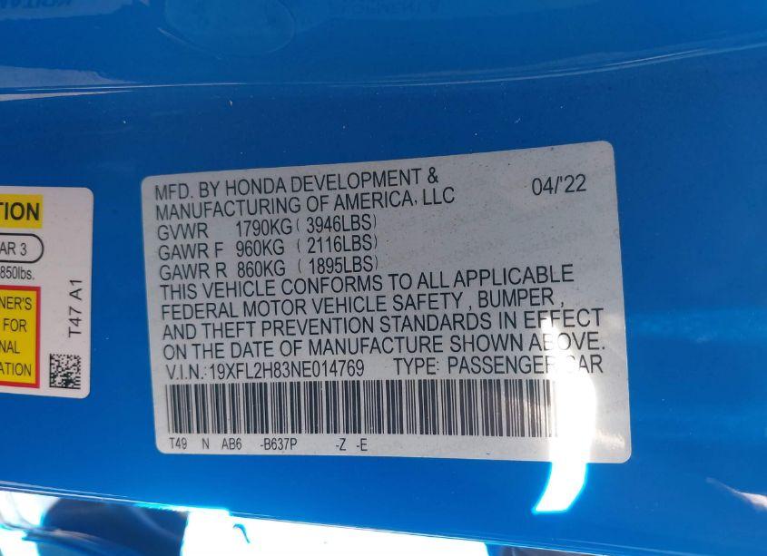 Photo 9 of 2022 Honda Civic SPORT (VIN 19XFL2H83NE014769)