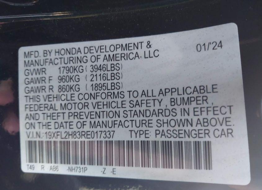 Photo 9 of 2024 Honda Civic SPORT (VIN 19XFL2H83RE017337)