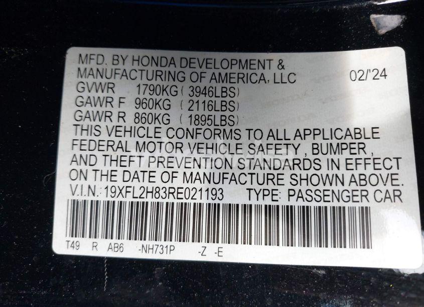 Photo 9 of 2024 Honda Civic SPORT (VIN 19XFL2H83RE021193)