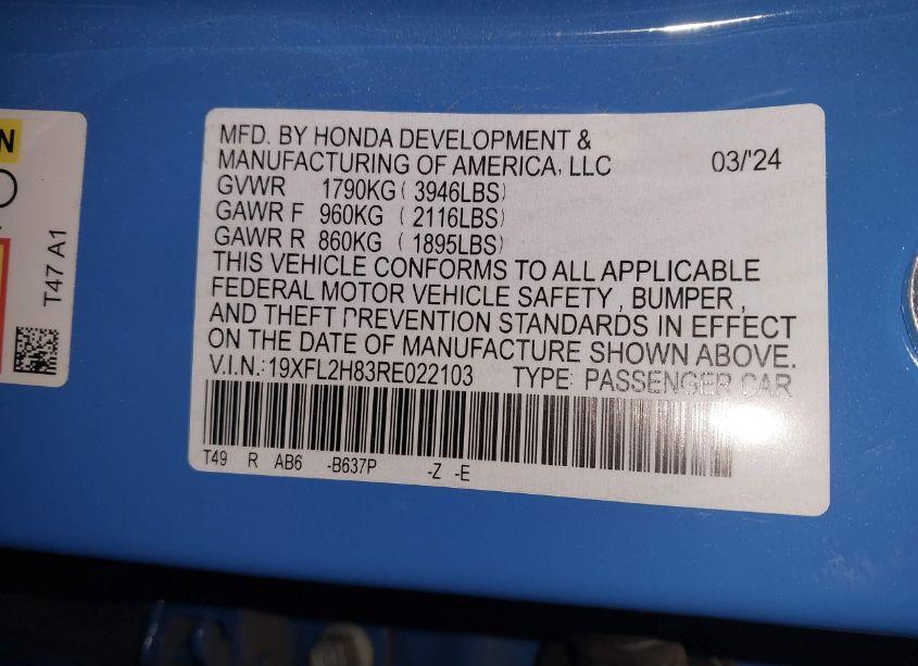 Photo 9 of 2024 Honda Civic SPORT (VIN 19XFL2H83RE022103)