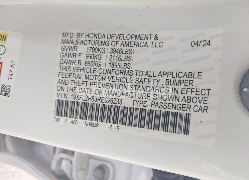 Photo 9 of 2024 Honda Civic SPORT (VIN 19XFL2H83RE026233)