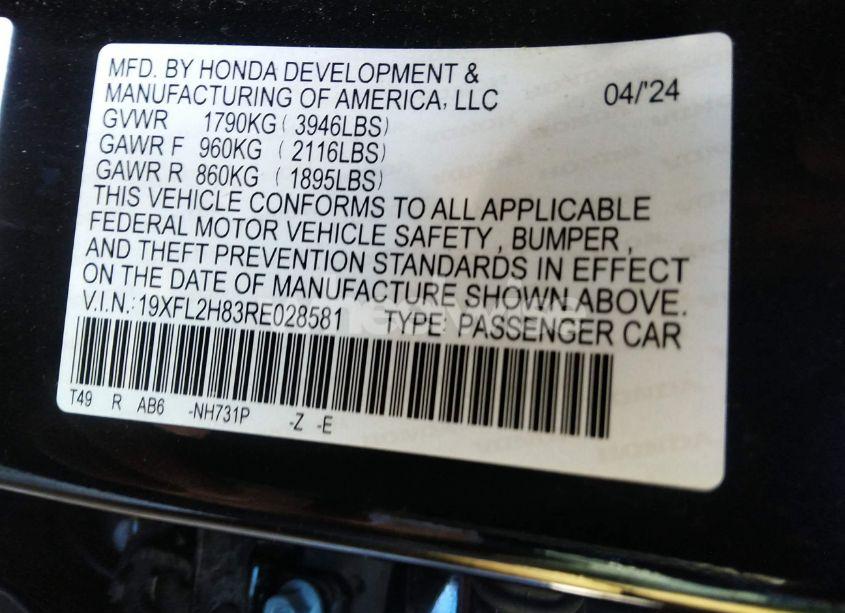 Photo 9 of 2024 Honda Civic SPORT (VIN 19XFL2H83RE028581)