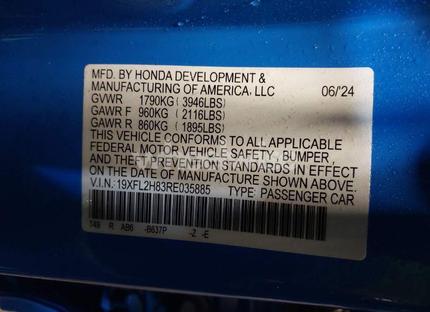 Photo 9 of 2024 Honda Civic SPORT (VIN 19XFL2H83RE035885)