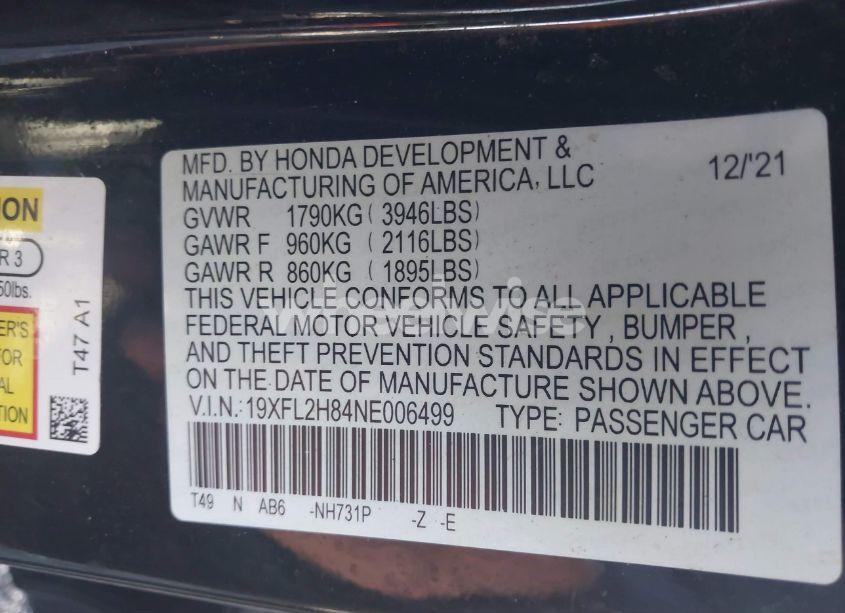 Photo 9 of 2022 Honda Civic SPORT (VIN 19XFL2H84NE006499)