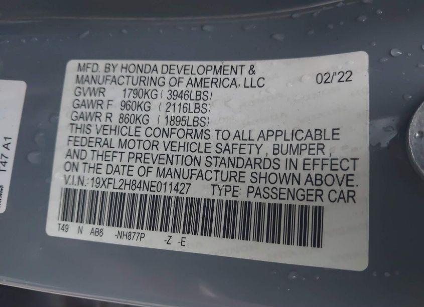 Photo 9 of 2022 Honda Civic SPORT (VIN 19XFL2H84NE011427)