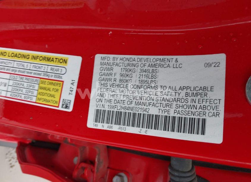 Photo 9 of 2022 Honda Civic SPORT (VIN 19XFL2H84NE021942)