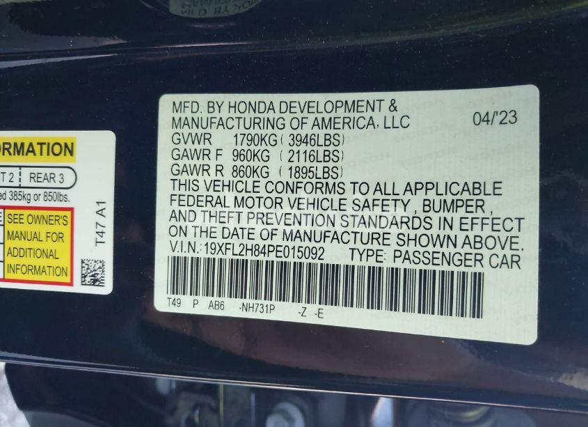 Photo 9 of 2023 Honda Civic SPORT (VIN 19XFL2H84PE015092)