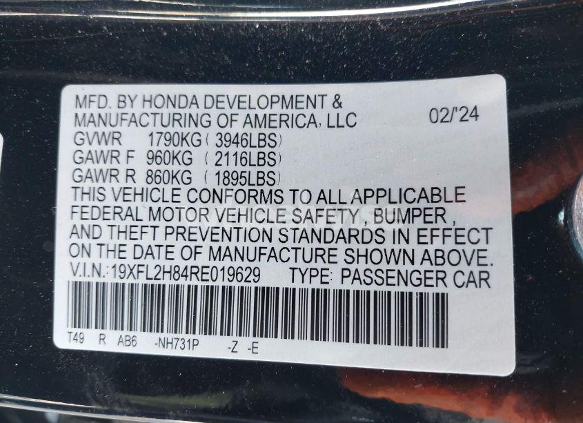 Photo 9 of 2024 Honda Civic SPORT (VIN 19XFL2H84RE019629)