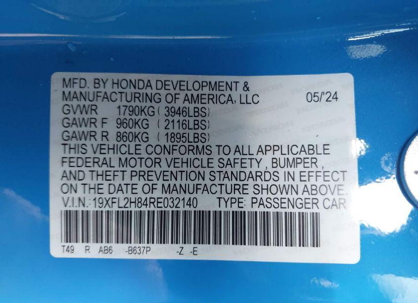 Photo 9 of 2024 Honda Civic SPORT (VIN 19XFL2H84RE032140)