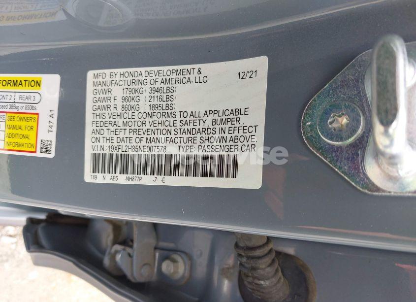 Photo 9 of 2022 Honda Civic SPORT (VIN 19XFL2H85NE007578)