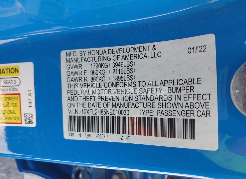 Photo 9 of 2022 Honda Civic SPORT (VIN 19XFL2H85NE010030)