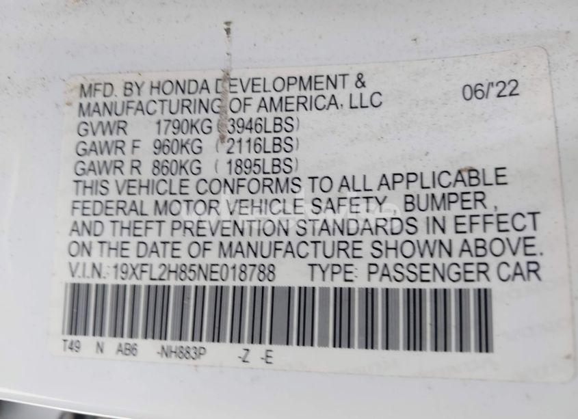 Photo 9 of 2022 Honda Civic SPORT (VIN 19XFL2H85NE018788)