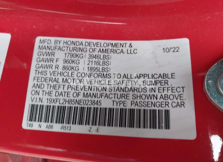 Photo 9 of 2022 Honda Civic SPORT (VIN 19XFL2H85NE023845)