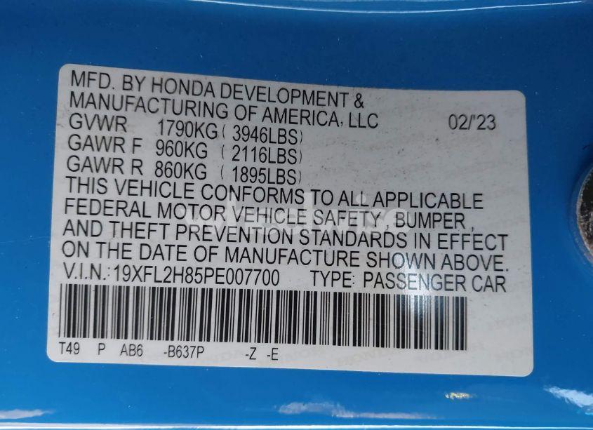 Photo 9 of 2023 Honda Civic SPORT (VIN 19XFL2H85PE007700)