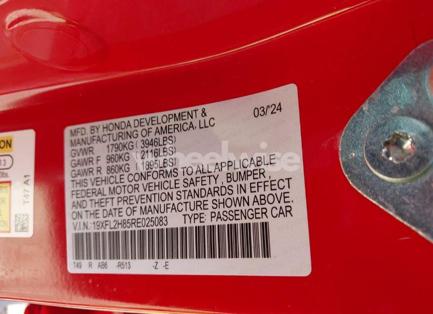 Photo 9 of 2024 Honda Civic SPORT (VIN 19XFL2H85RE025083)