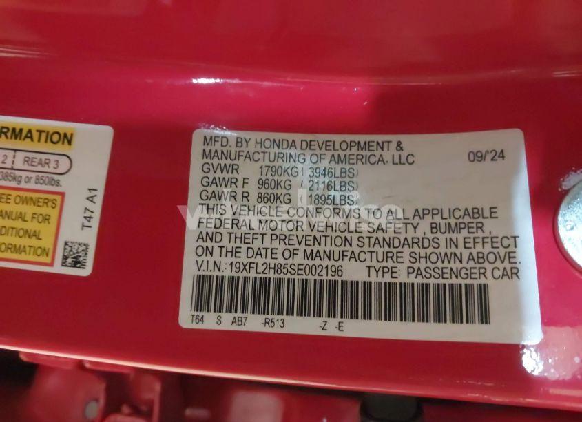 Photo 9 of 2025 Honda Civic SPORT (VIN 19XFL2H85SE002196)