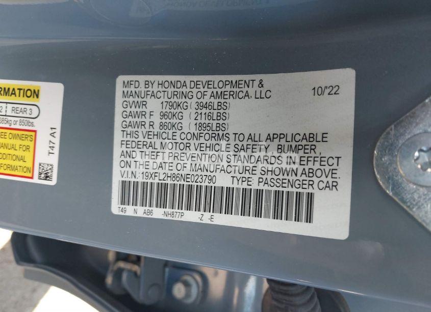 Photo 9 of 2022 Honda Civic SPORT (VIN 19XFL2H86NE023790)