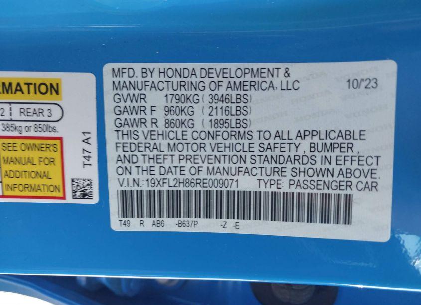 Photo 9 of 2024 Honda Civic SPORT (VIN 19XFL2H86RE009071)