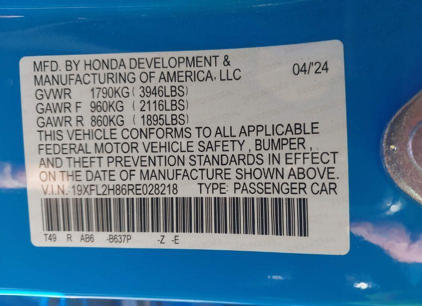 Photo 9 of 2024 Honda Civic SPORT (VIN 19XFL2H86RE028218)