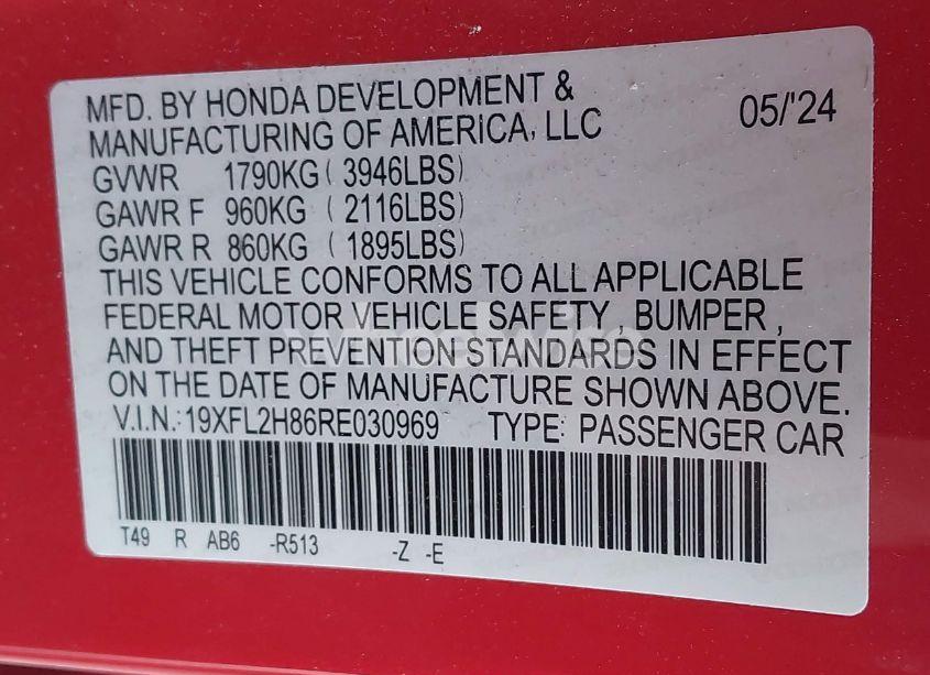 Photo 9 of 2024 Honda Civic SPORT (VIN 19XFL2H86RE030969)