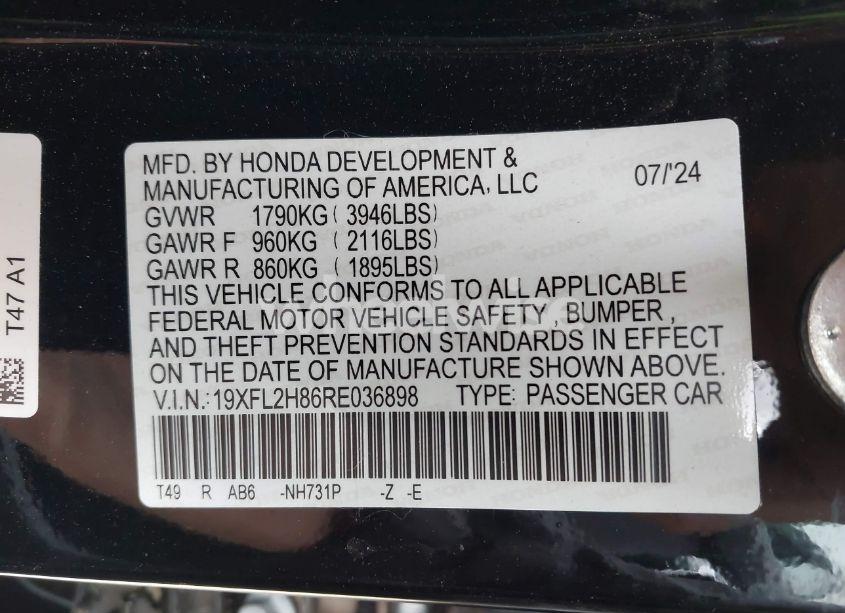 Photo 9 of 2024 Honda Civic SPORT (VIN 19XFL2H86RE036898)