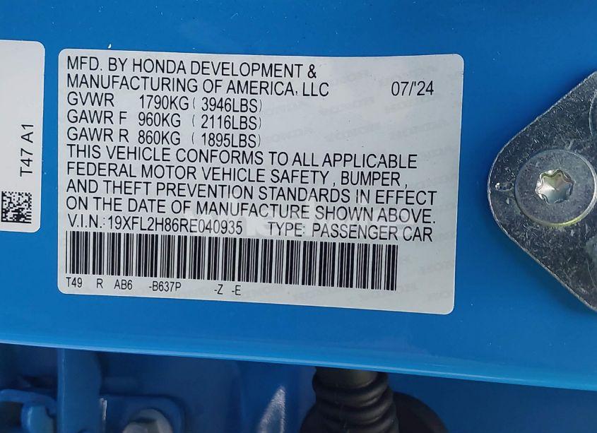 Photo 9 of 2024 Honda Civic SPORT (VIN 19XFL2H86RE040935)